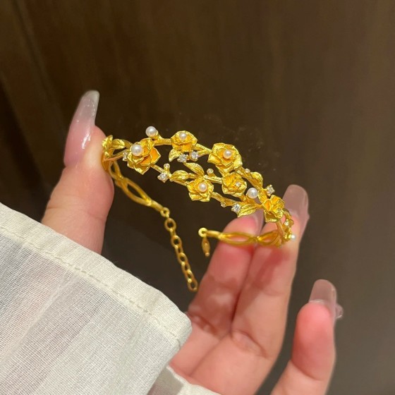 神明花嫁新中式黄金色花朵沙金手镯女小众轻奢百搭手饰梅陇首饰