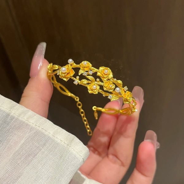 神明花嫁新中式黄金色花朵沙金手镯女小众轻奢百搭手饰梅陇首饰