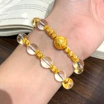 新中式古法沙金錾刻牡丹花拉丝猫眼手链白水晶转运珠国风手串批发