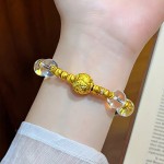 新中式古法沙金錾刻牡丹花拉丝猫眼手链白水晶转运珠国风手串批发