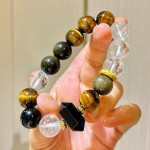 12mm大颗粒天然白水晶虎眼石黑曜石设计感手链手串