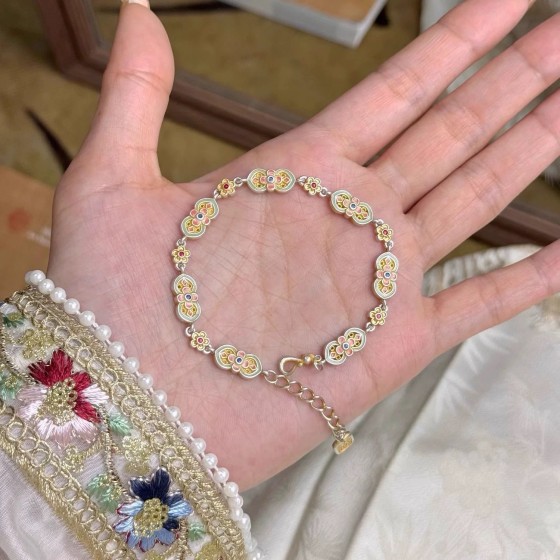 珐琅彩描金桃花新中式复古宫廷小花手链女轻奢小众高级感设计手饰