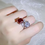 欧美银饰戒指尊贵优雅女镶嵌士火烧红红石开口戒指  tiktok货源
