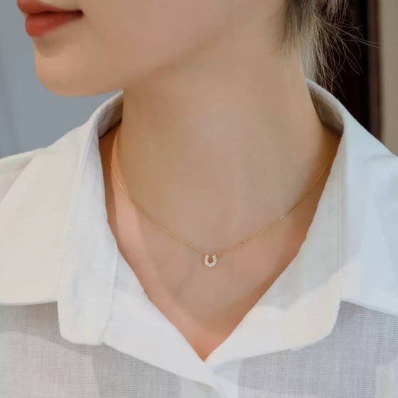 S925纯银项链U形马蹄吊坠女款镀18K金韩版日式简约细款新款锁骨链
