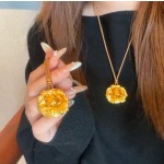 拉丝雕花富贵牡丹花黄金色花朵挂绳毛衣链项链女轻奢小众吊坠配饰