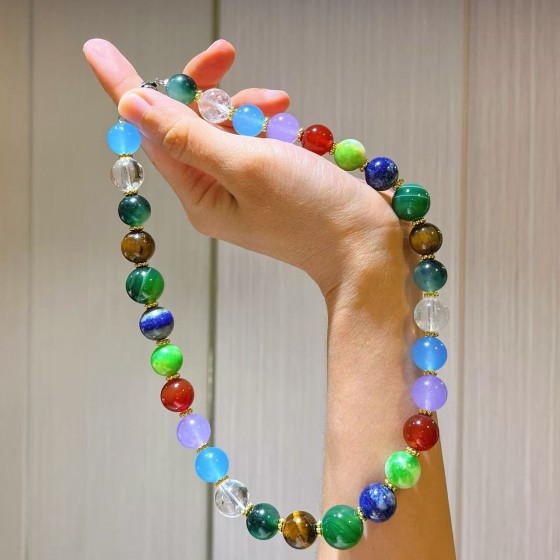 高品12mm大颗粒石英岩天然白水晶青金石虎眼石玛瑙项链锁骨链手链