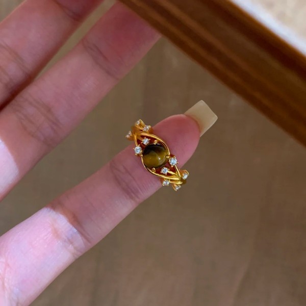 复古拉丝美拉德天然虎眼石戒指轻奢高级感超闪藤蔓虎眼食指戒女
