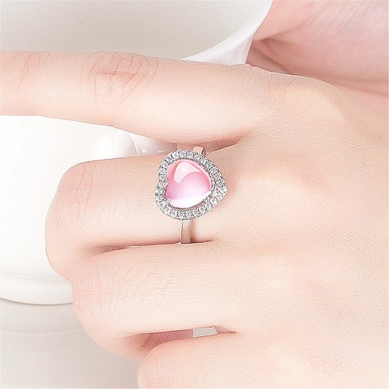 跨境热卖配饰wish银戒指女心形指环天然粉水晶芙蓉宝石爱心戒指