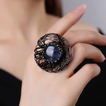 TEMU热款天然闪光石拉长石鸟巢形手工烧焊电镀古铜开口可调节戒指