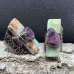 跨境复古风天然澳洲玉长方形紫晶原石组合镀古铜开口可调节戒指