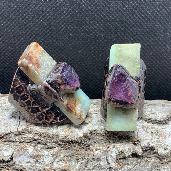 跨境复古风天然澳洲玉长方形紫晶原石组合镀古铜开口可调节戒指