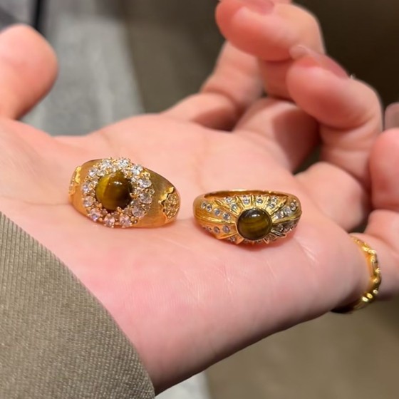 vintage中古天然虎眼石戒指 美拉德轻奢高级感微镶拉丝宽版指环女