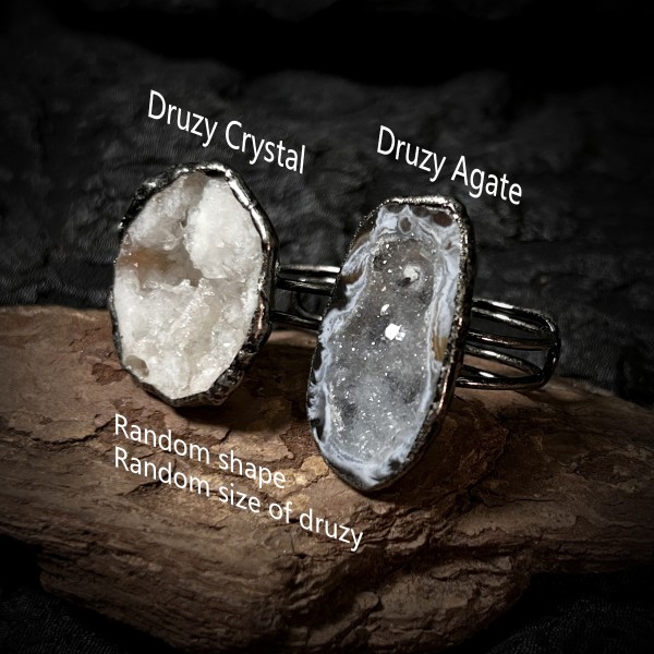 跨境复古风天然晶洞水晶/玛瑙纯手工烧焊镀古银色开口可调节戒指