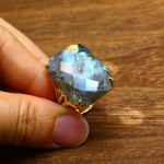 天然石轻奢夸张大戒指长方形切面太阳石拉长石开口戒指跨境水晶