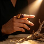 跨境复古天然紫晶黄晶绿萤石不定形开口圈古铜可调节欧美双头戒指