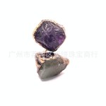 跨境复古天然紫晶黄晶绿萤石不定形开口圈古铜可调节欧美双头戒指