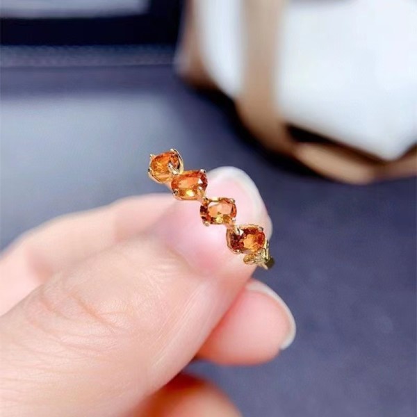 新品天然招财黄水晶戒指女开口镀金色镶嵌宝石排戒简约食指可调节