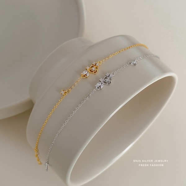 镀925纯银14K金玫瑰月季花造型锆石手链ins小众设计饰品厂家直供