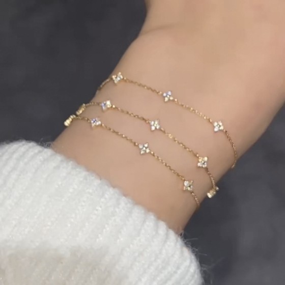 S925纯银镀14K金四叶草锆石细手链女叠戴小众设计高级感手饰批发
