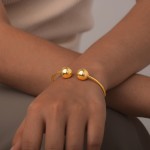 跨境饰品 简约款女士不锈钢双球开口手镯 钛钢时尚镀18K金色手饰