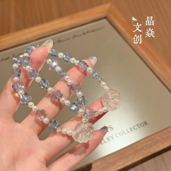 原创设计K9白水晶贝壳雕刻件爆闪小众简约夏季批发直销水晶手链女