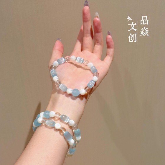 白蝶贝猫眼石海蓝宝夏季感小清新批发串珠水晶手链女水晶碎石手链