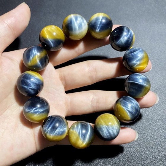 天然梦幻虎眼石手链 收藏级金蓝共生木变石东海可塘批发文艺复古