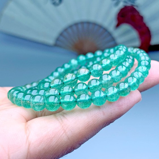 天然绿草莓晶佛珠三圈手链 DIY饰品水晶绿草莓晶直播供货工厂批发