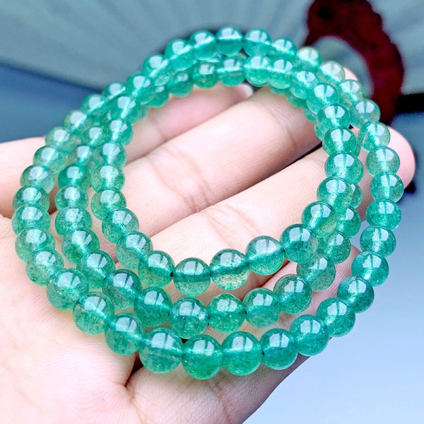 天然绿草莓晶佛珠三圈手链 DIY饰品水晶绿草莓晶直播供货工厂批发