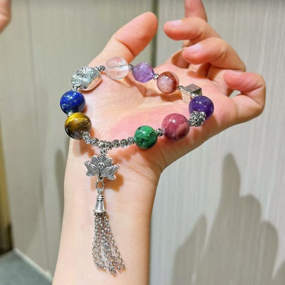 高品质天然青金石红木纹红绿宝白水晶紫水晶红胶花流苏手链