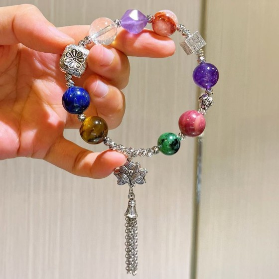 高品质天然青金石红木纹红绿宝白水晶紫水晶红胶花流苏手链