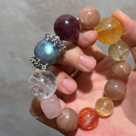 15-20mm天然强光灰月光白水晶橙月光黄水晶粉晶大多宝手链