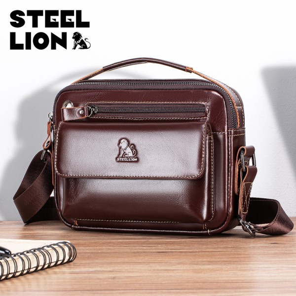 STEEL LION 头层牛皮男士单肩斜跨包休闲运动横款手机包小包