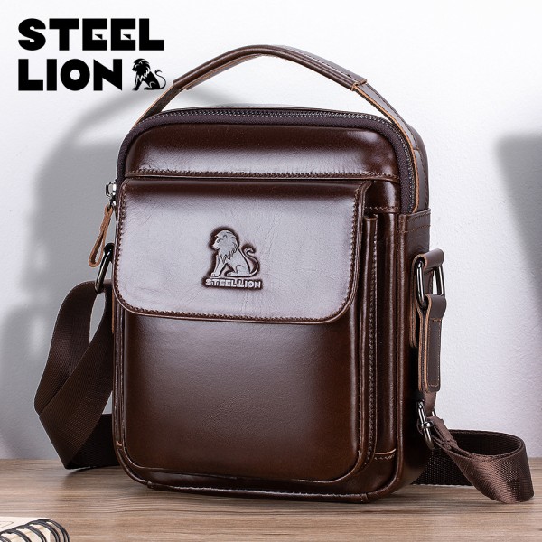 STEEL LION 头层牛皮男士单肩斜跨包休闲运动竖款手机包小包