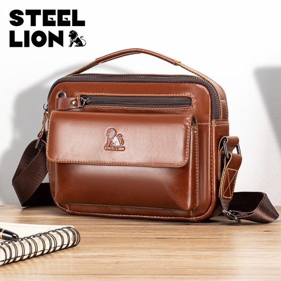 STEEL LION 头层牛皮男士单肩斜跨包休闲运动横款手机包真皮小包