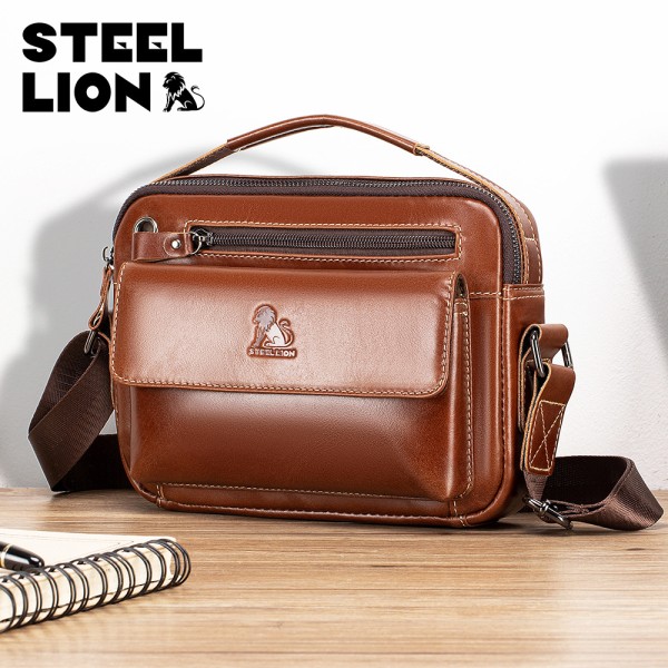 STEEL LION 头层牛皮男士单肩斜跨包休闲运动横款手机包真皮小包