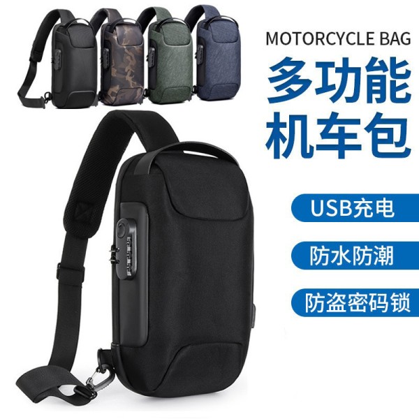 亚马逊男士单肩斜挎包防水防盗密码锁包带USB端口运动斜背包批发