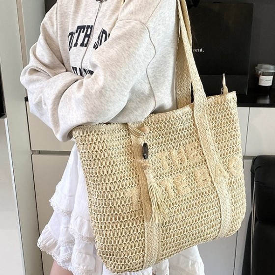 旅行大容量草编包女2025新款感手工编织单肩包海边度假托特包