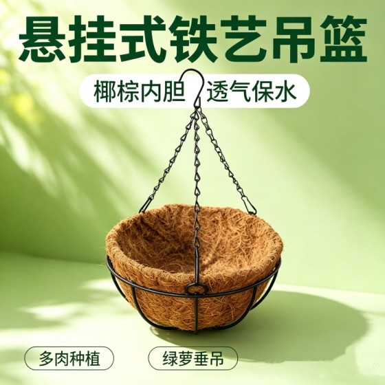黑色铁艺壁挂吊盆配加厚椰棕内胆半圆悬挂式花盆多肉兰花绿植专用