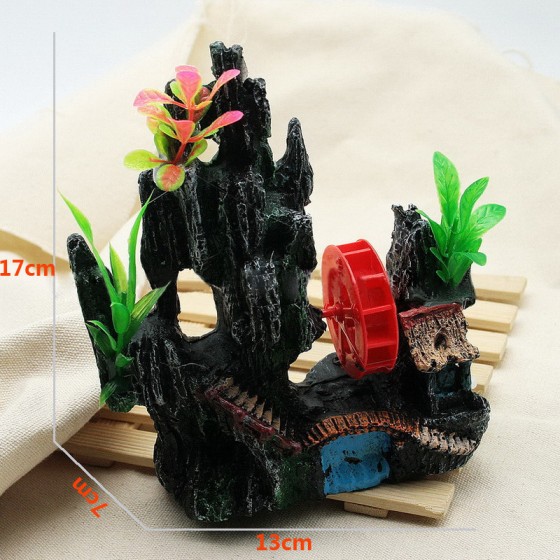 水族箱造景鱼缸内装饰品仿真树脂假山石风车接气泵可转动假山水车