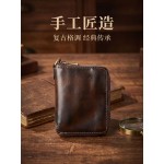日系男士复古短款拉链钱包亚马逊货源多功能植鞣皮钱包竖款钱夹潮