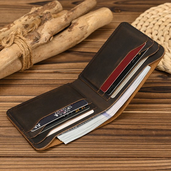 男士真皮短款钱包简约疯马皮休闲卡夹复古头层牛皮卡包Wallet