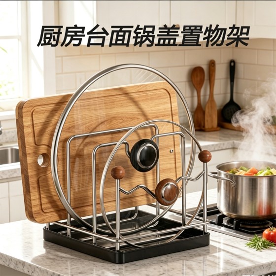 新款不锈钢锅盖置物架菜板锅盖厨房置物架台面锅盖多功能一体