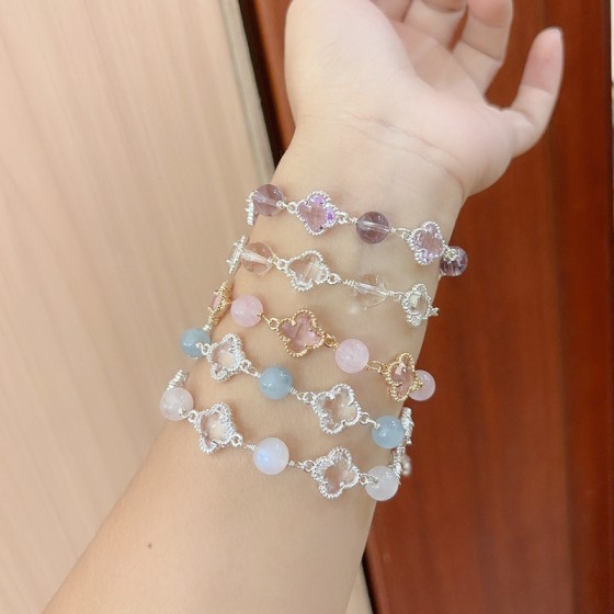 天然紫水晶月光石手链女秋冬清新小香风粉紫水四叶草手链直播热卖