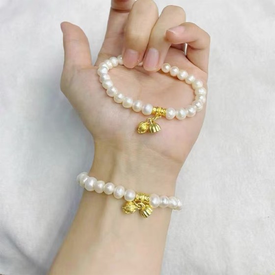 古法金莲蓬莲花天然淡水珍珠手链弹性铃兰花两世欢莲花双生花手串