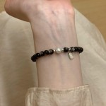 s925纯银天然黑曜石珠串淡水珍珠招财纳福手链女简约银曜石手饰