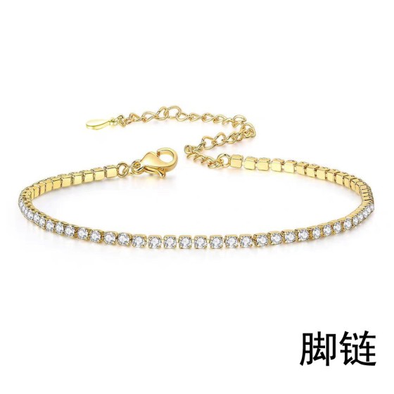 亚马逊新款925纯银脚链女士时尚18k金色满钻锆石脚饰欧美跨境热卖
