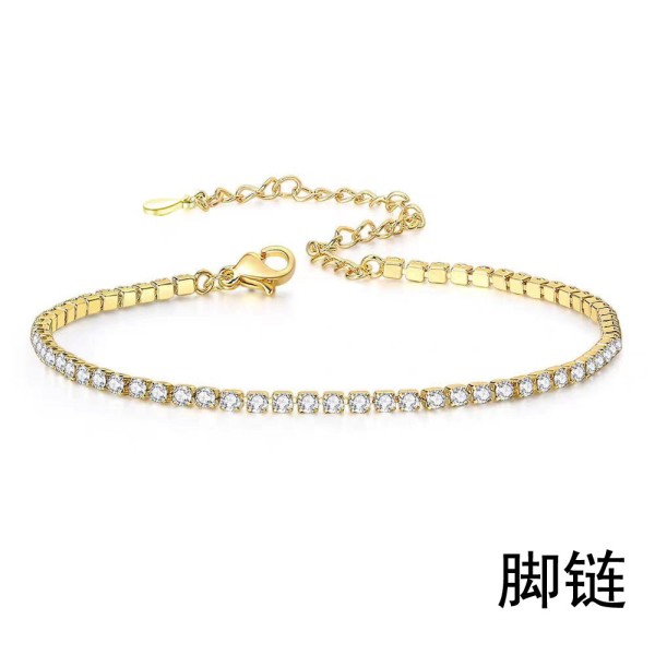 亚马逊新款925纯银脚链女士时尚18k金色满钻锆石脚饰欧美跨境热卖