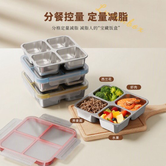 鸿俊达304不锈钢减脂餐盒带盖减脂餐盘分格定量饭盒家用保鲜盒