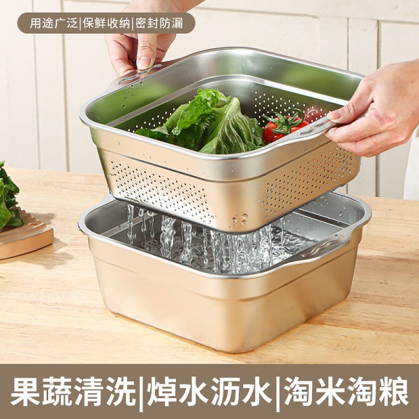 不锈钢方形沥水篮家用厨房水槽洗菜盆双耳冲孔果蔬淘米滤水篮批发